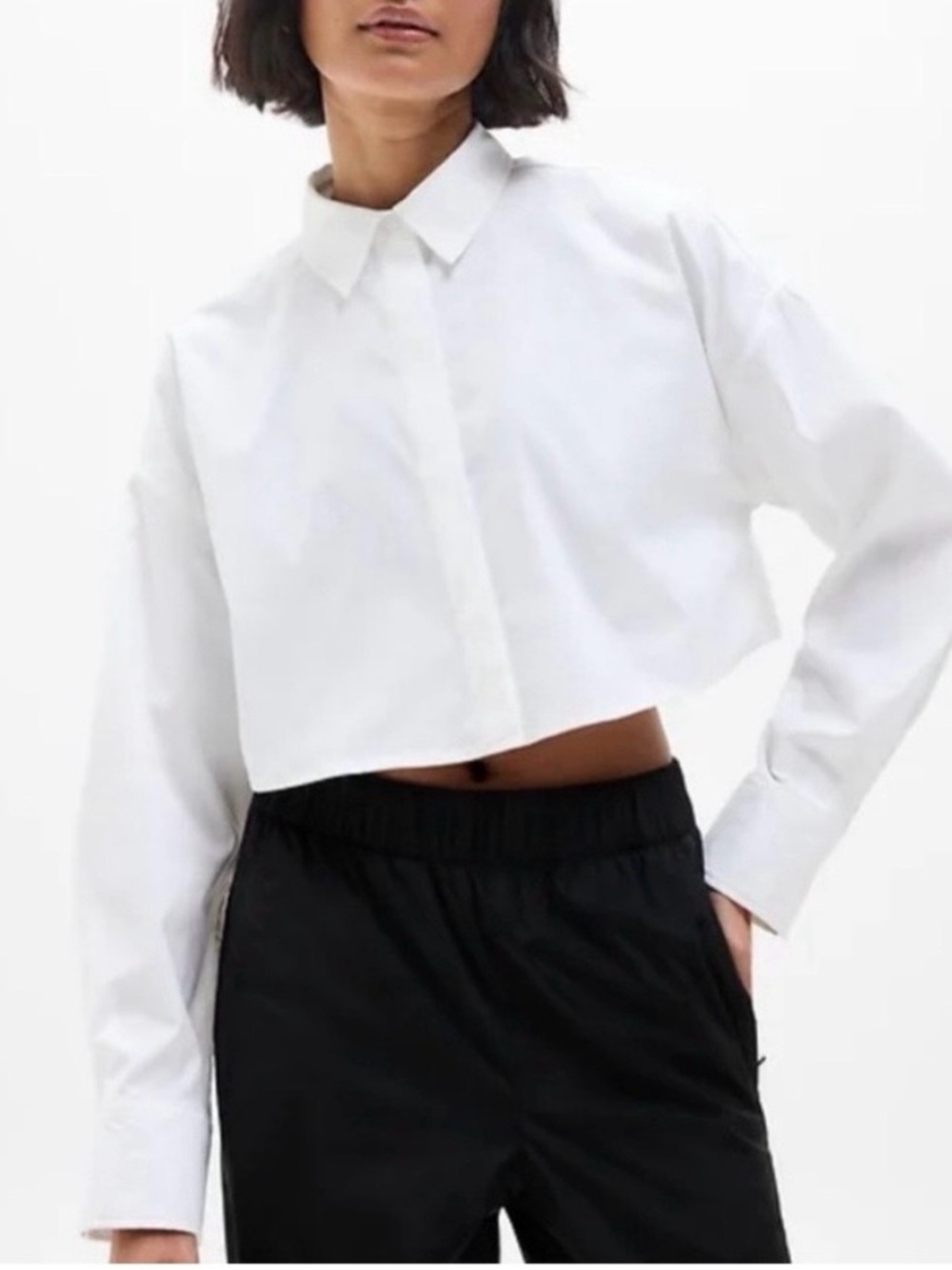 Athleta Cropped White Button-Up Poplin Shirt -XS